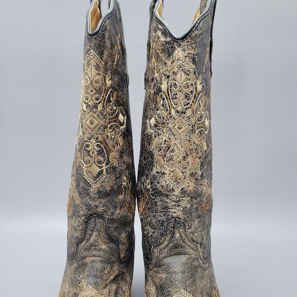 Corral Circle G Women's Black Crackle/Bone Embroidery Snip Toe Leather Boots 9M - Picture 10 of 16
